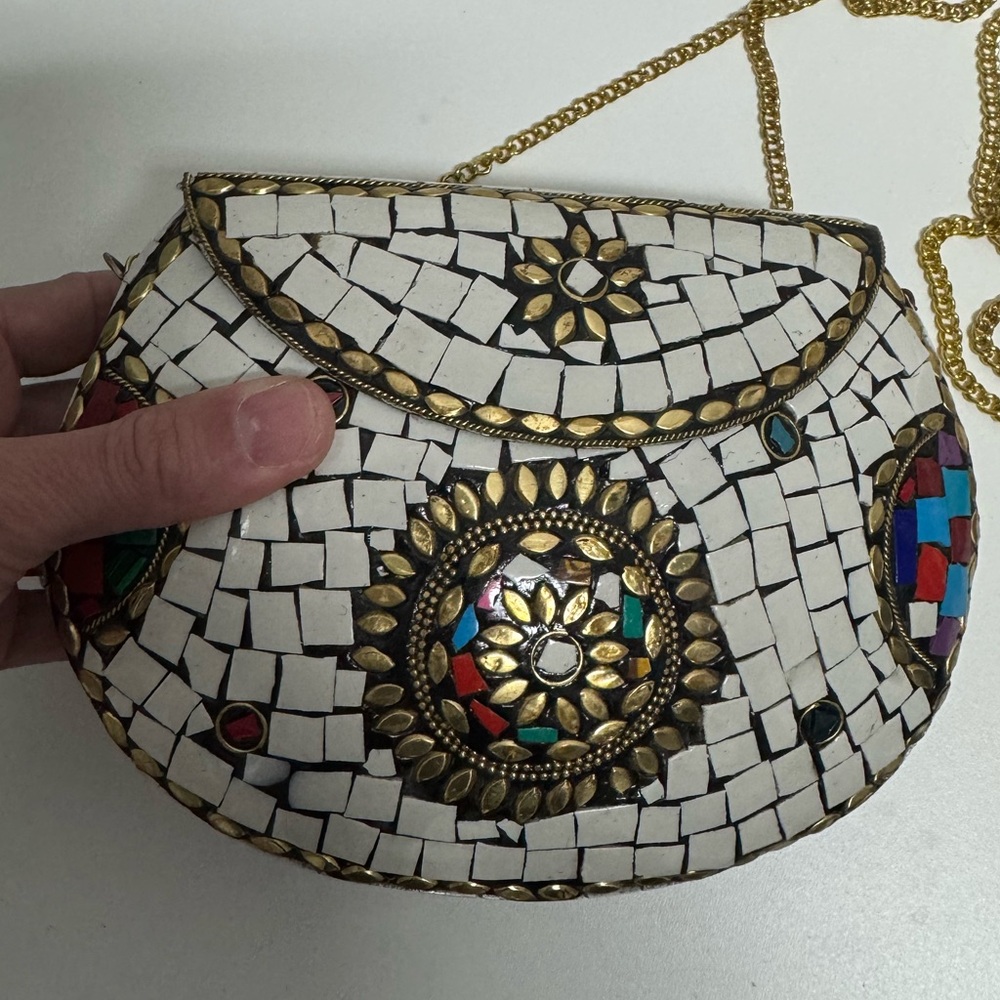 Handmade Mosaic Stone, Brass & Metal Clutch Purse - Picture 2 of 4